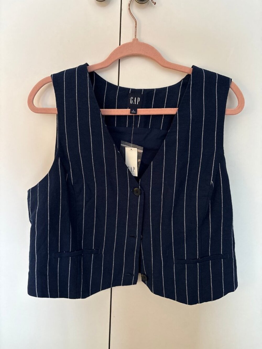 Gap Linen Cotton Pinstripe Vest, Navy White Stripe, Size L NWT